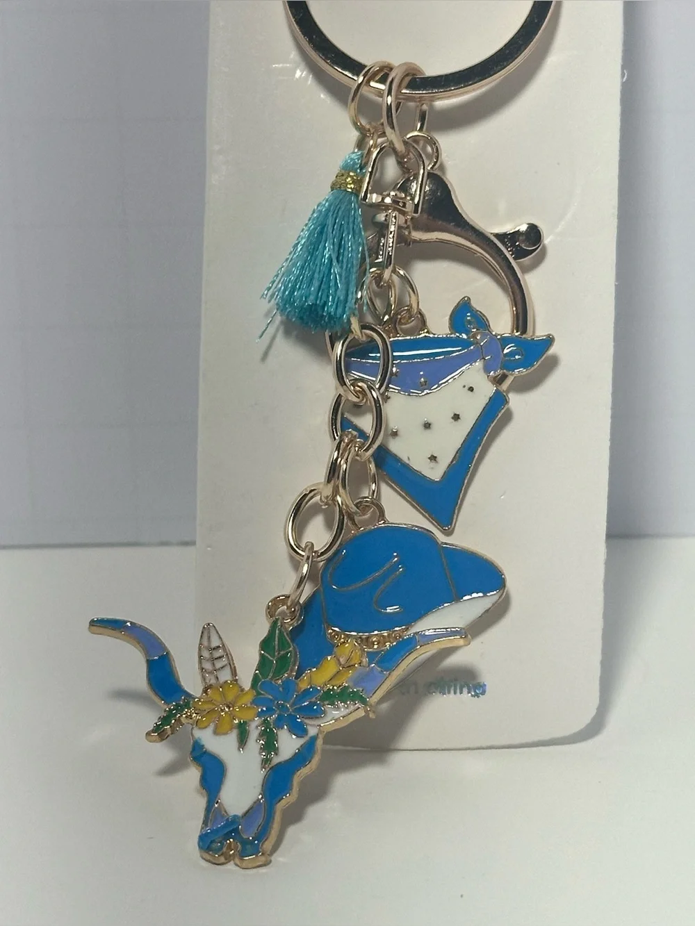 Blue Enamel Western Dog Keychain with Tassel